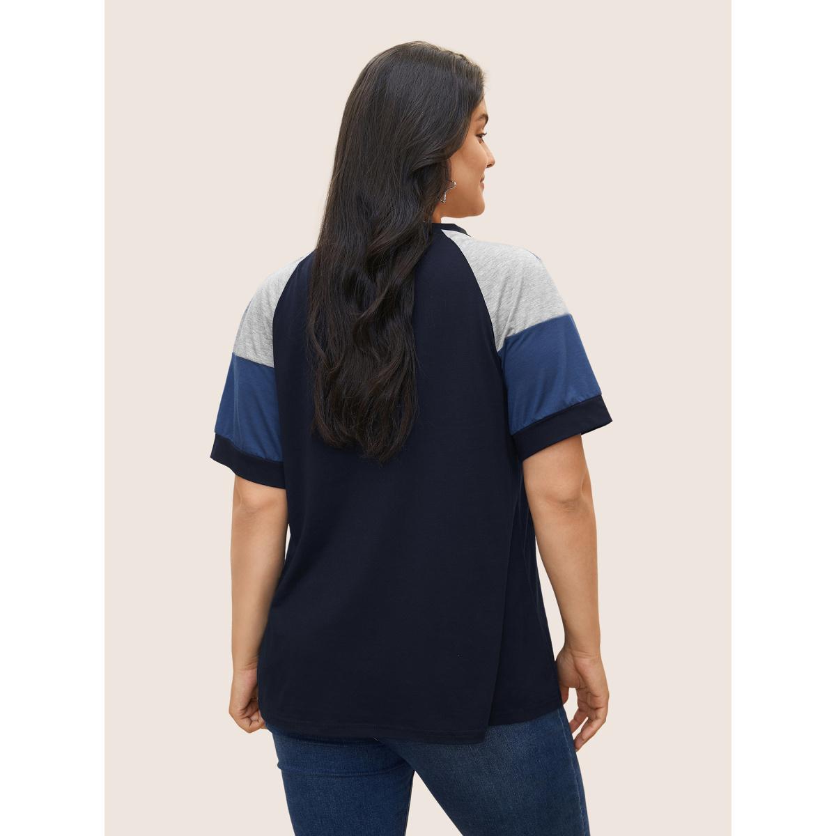 Plus Size Colorblock Contrast Crew Neck Raglan Sleeve T-shirt Indigo Women Leisure Contrast Colorblock Casual T-shirts BloomChic 10/M Product Image
