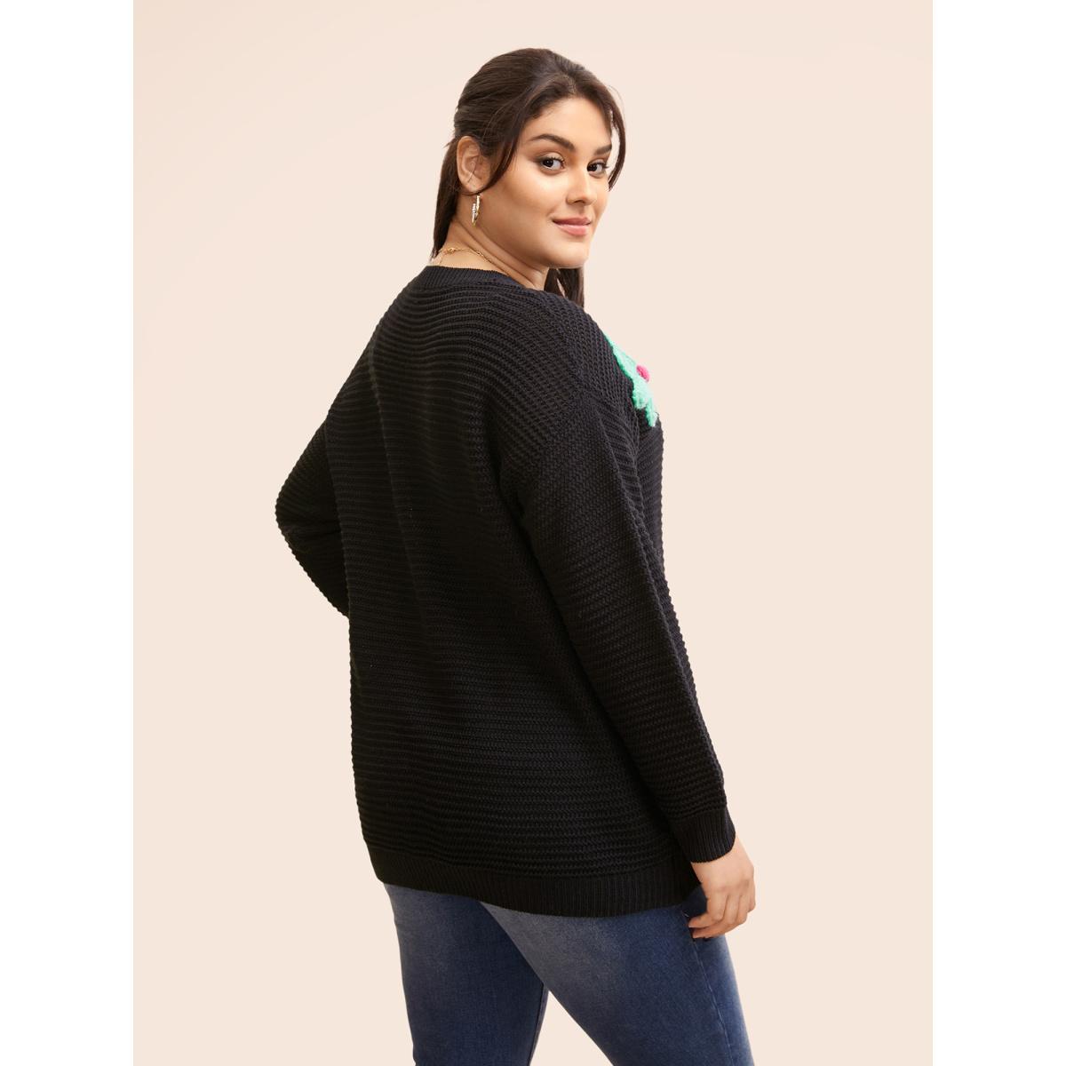 Plus Size Colored Crochet Floral Drop Shoulder Sleeve Pullover Black Women Casual Loose Three Quater Length Sleeve Round Neck Everyday Pullovers BloomChic 12/L Product Image