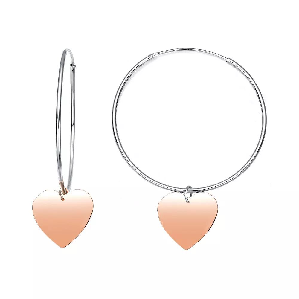 Two Tone Sterling Silver Heart Dangle Hoop Earrings, Women's Product Image