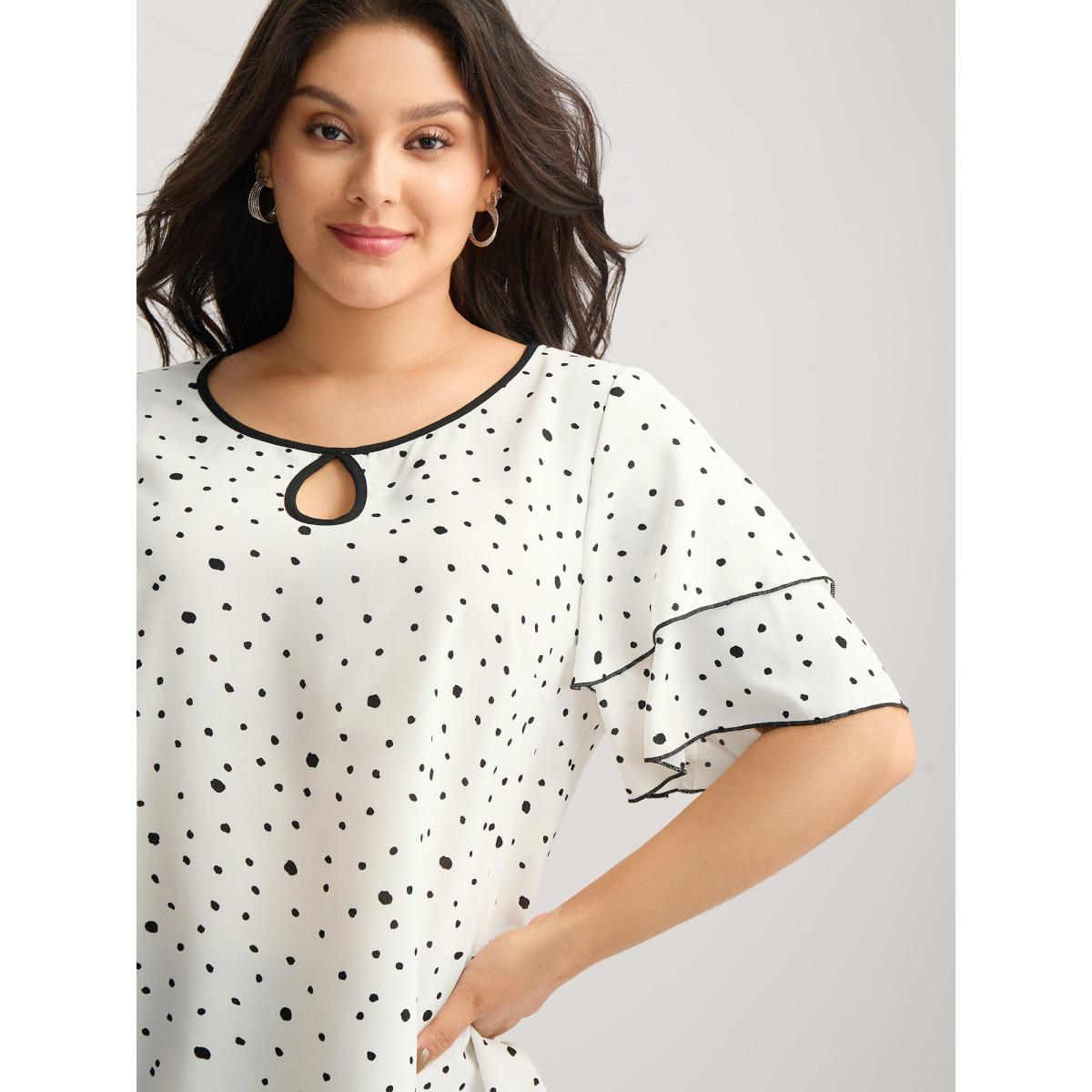 Plus Size Originalwhite Polka Dots Contrast Layered Sleeve Blouse Women Office Short sleeve Round Neck Office Blouses BloomChic 30/6X Product Image