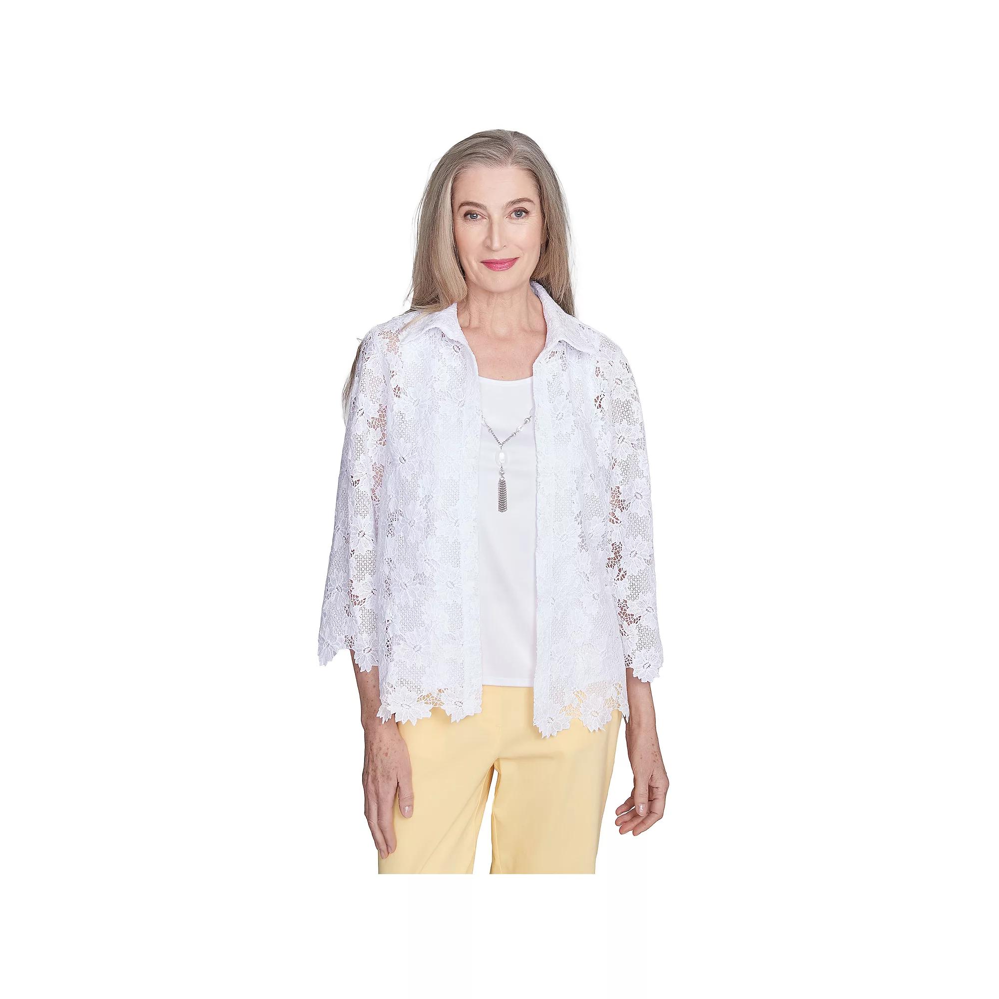 Women's Alfred Dunner Two-in-One Lace Top with Necklace, Size: Small, White Product Image