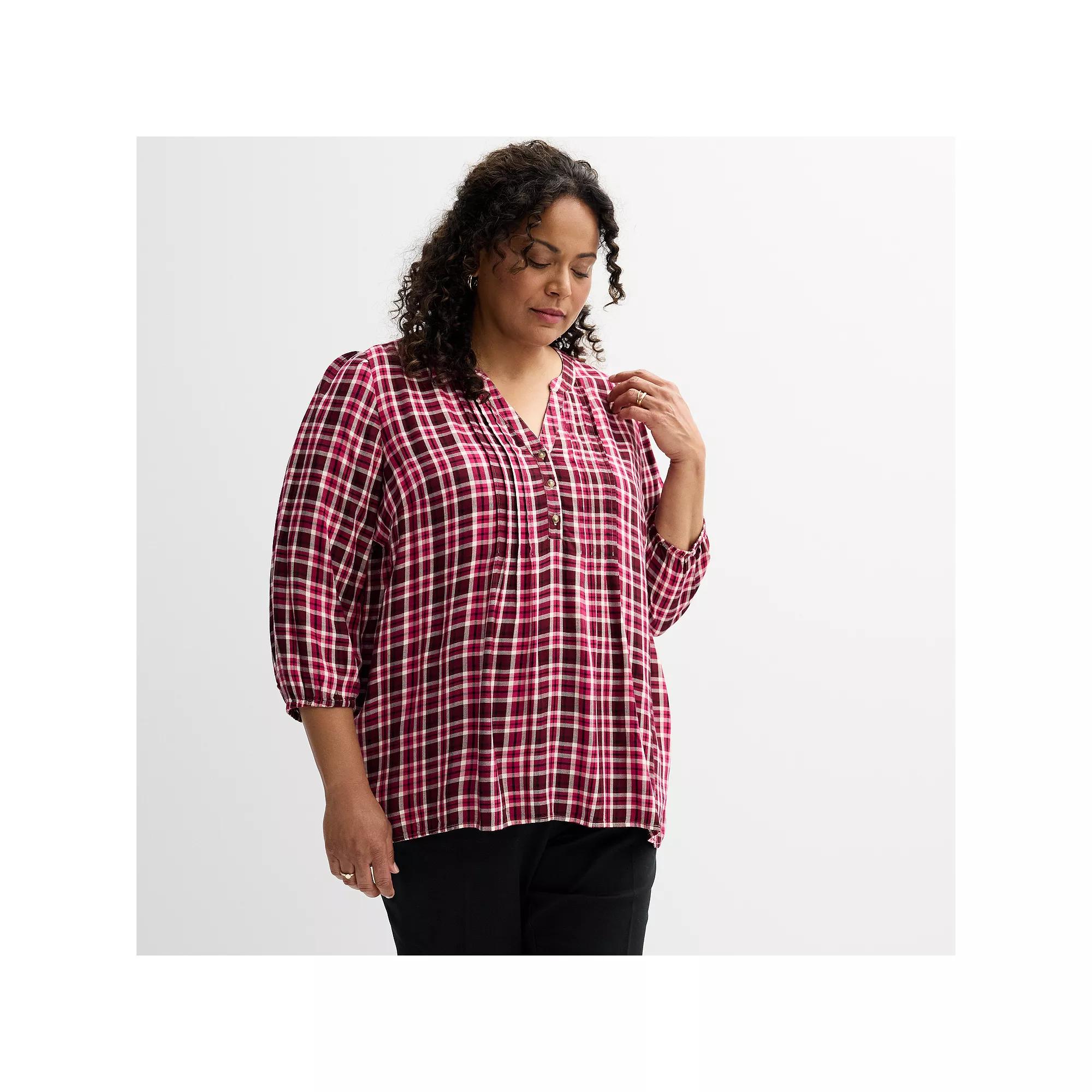 Plus Size Croft & Barrow® Plaid Pintuck Top, Women's, Size: 1XL, Festive Pink Plaid Product Image