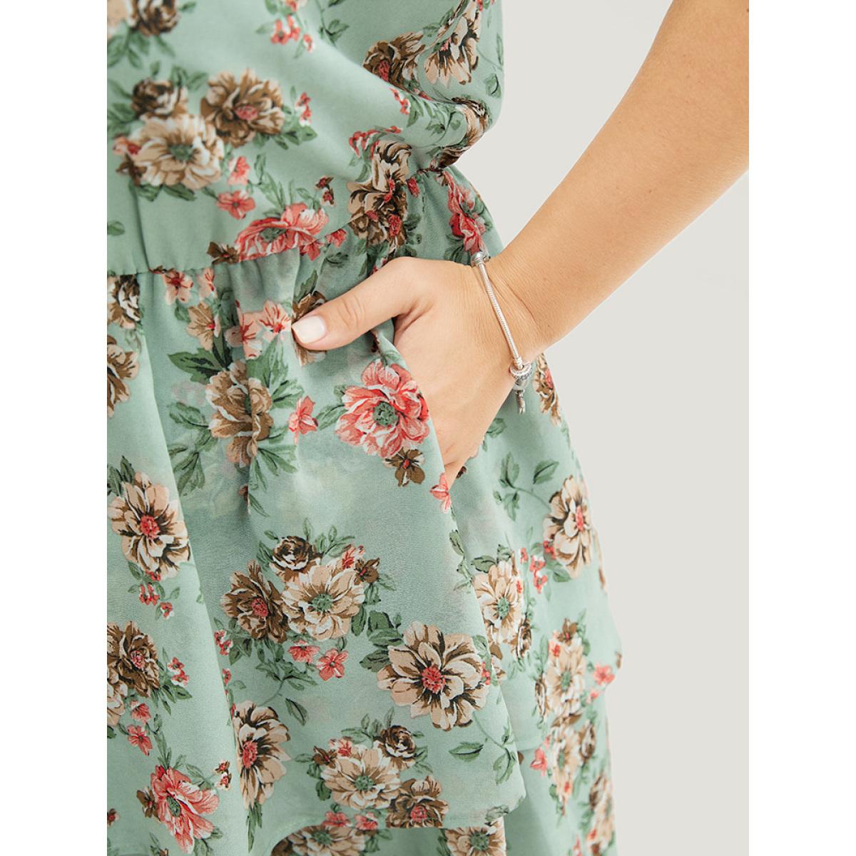 Plus Size Floral Pocket Ruffle Tiered Keyhole Knotted Halter Dress Mint Women Elegant Lined Halter neck Sleeveless Curvy Knee Dress BloomChic 14-16/1X Product Image