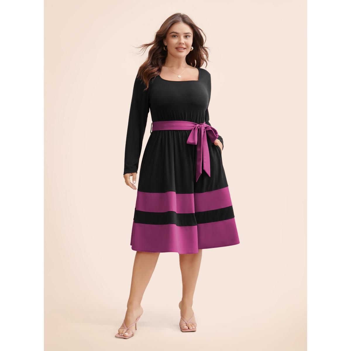 Plus Size Two Tone Belted Bowknot Square Neck Dress RedViolet Women Elegant Non Square Neck Long Sleeve Curvy Knee Dress BloomChic 10/M Product Image