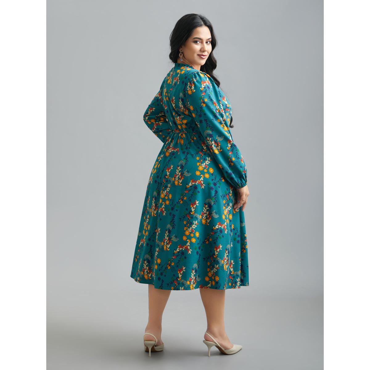 Plus Size Floral Print Ruffled Notched Collar Midi Dress Aegean Women Elegant Gathered Notched collar Long Sleeve Curvy BloomChic 18-20/2X Product Image