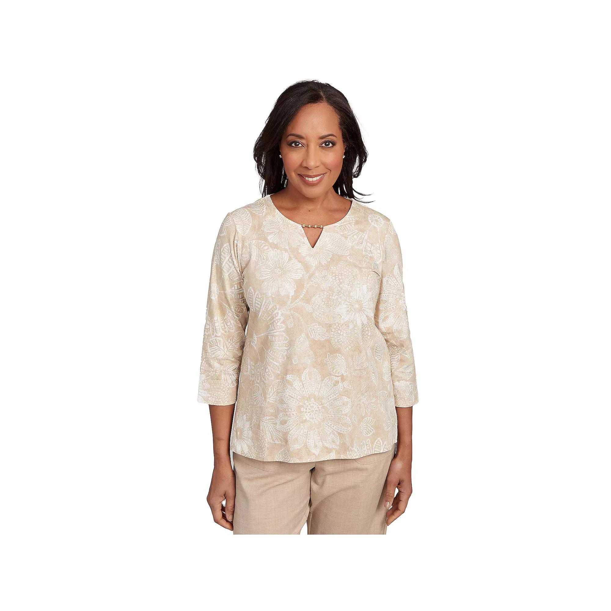 Women's Alfred Dunner Textured Floral Foil Accent Top, Size: XL, Linen Product Image