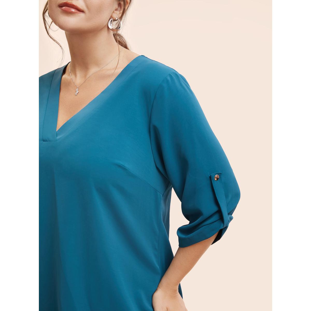 Plus Size Aegean Solid Cuffed Sleeve Gathered Curved Hem Blouse Women Office Elbow-length sleeve V-neck Office Blouses BloomChic 18-20/2X Product Image