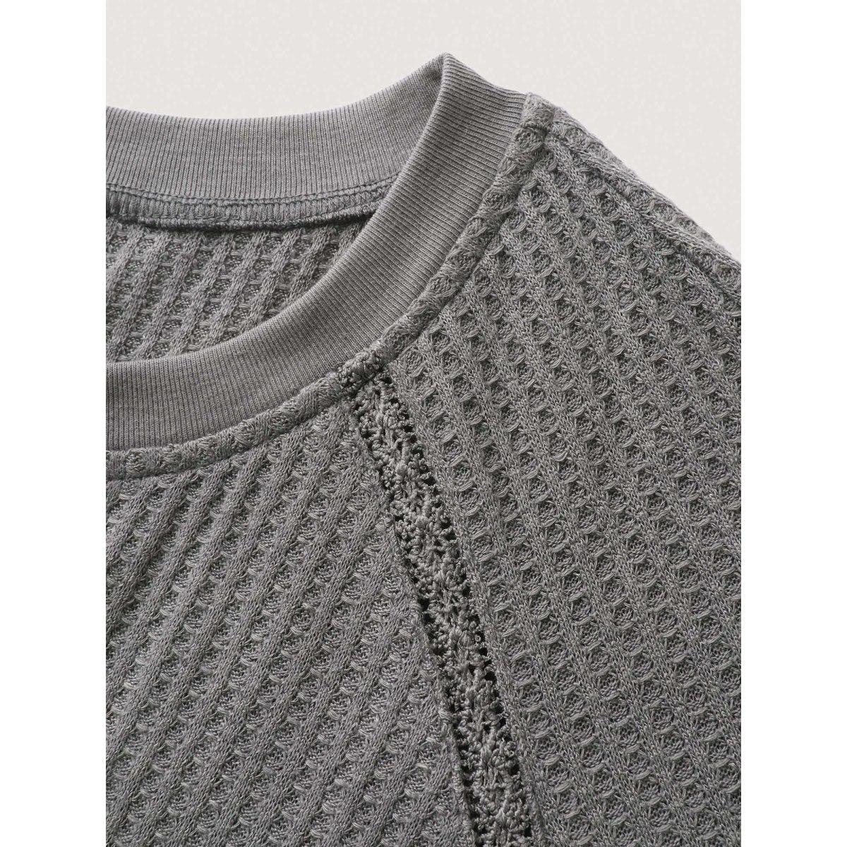 Plus Size Waffle Grid Notched Collar Lace Sweatshirt Women DimGray Leisure Woven ribbon&lace trim Flat collar with V-notch Casual Sweatshirts BloomChic 18-20/2X Product Image