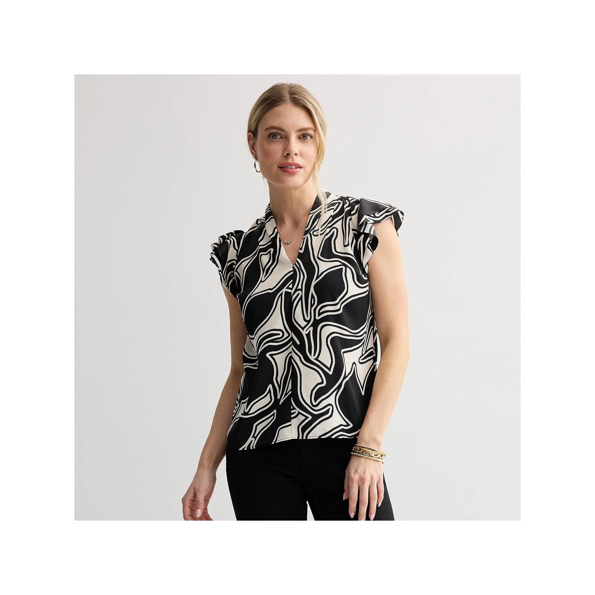 Women's Nine West Flutter Sleeve Satin Blouse, Size: XS, Black Outline Abstract Product Image