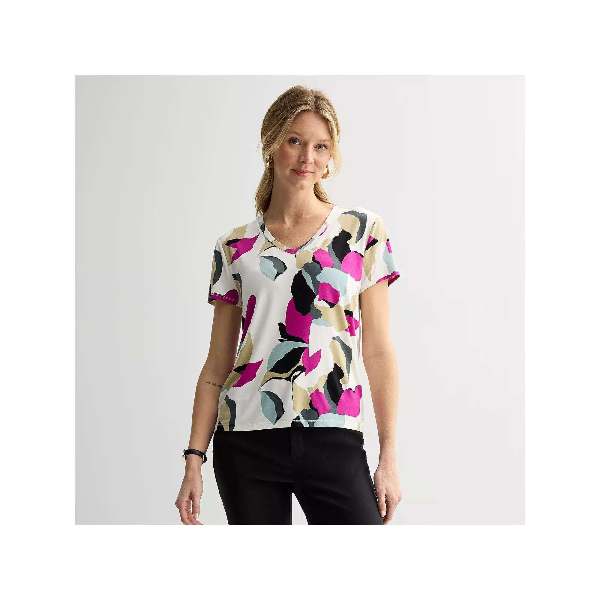 Women's Nine West Essential V-Neck T-Shirt, Size: Large, Ivory Neopetal Overlay Product Image