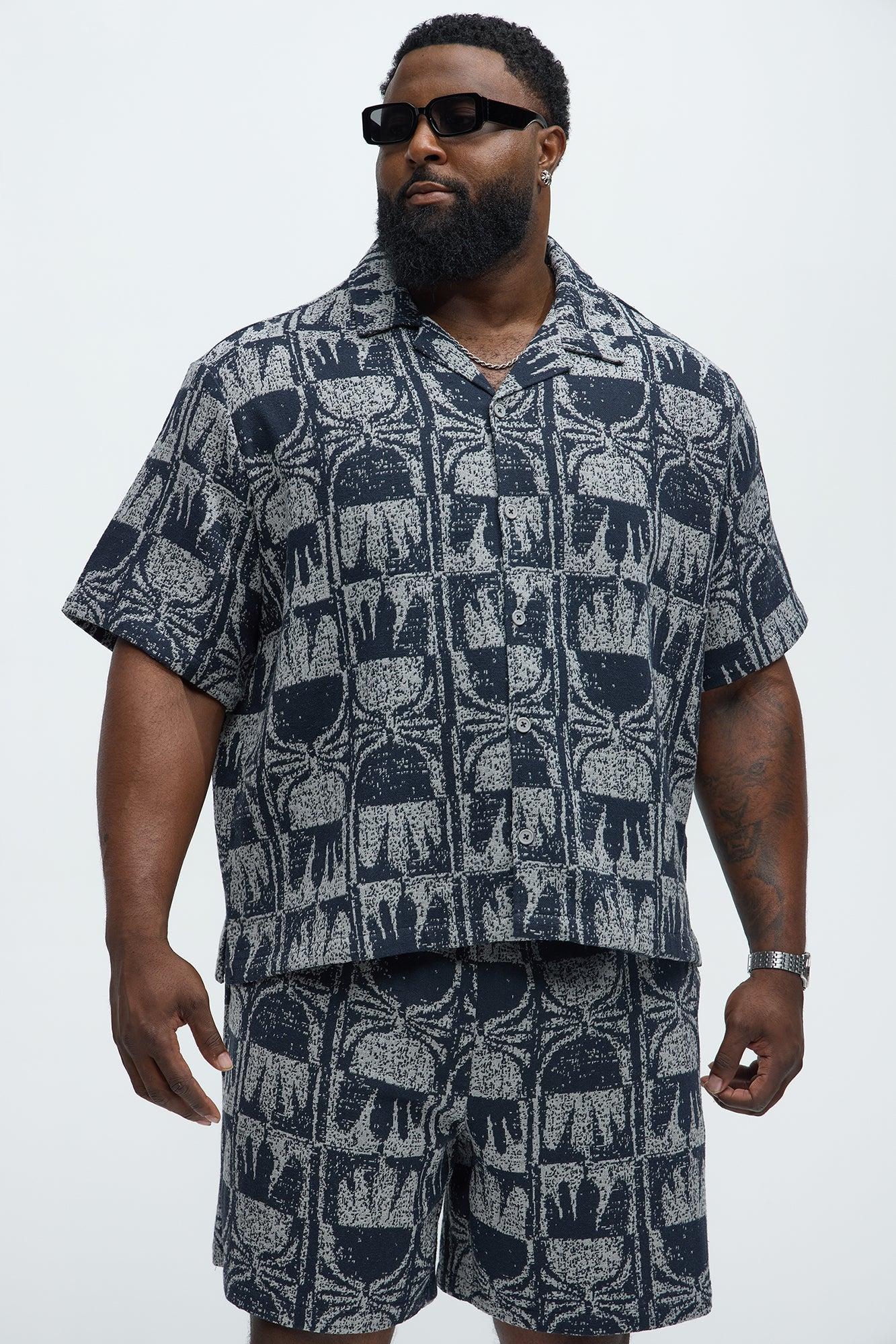 Tribal Pattern Cuban Button Down Shirt - Navy/combo Product Image