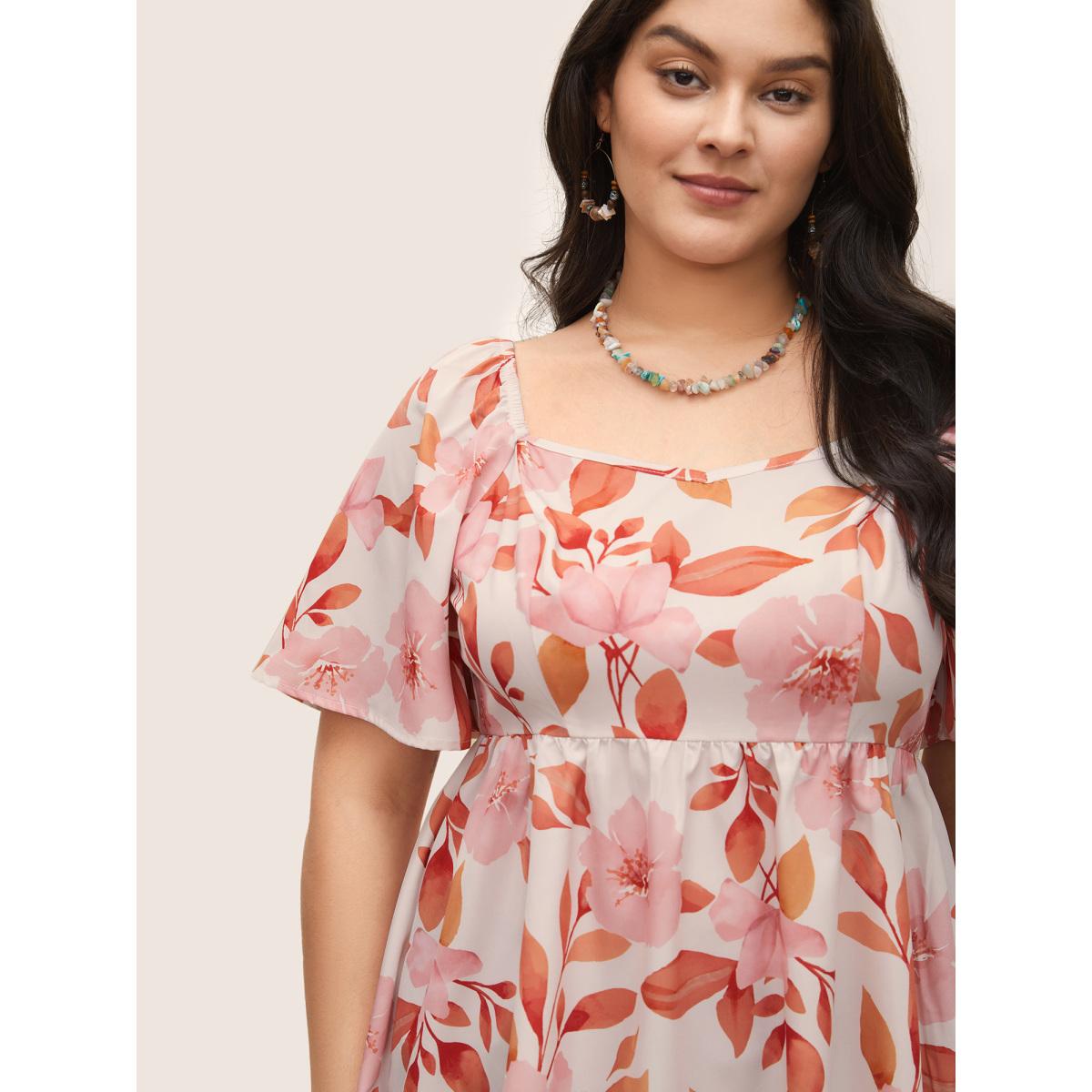 Plus Size Apricot Floral Ruffle Sleeve Elastic Waist Blouse Women Resort Short sleeve Square Neck Vacation Blouses BloomChic 18-20/2X Product Image