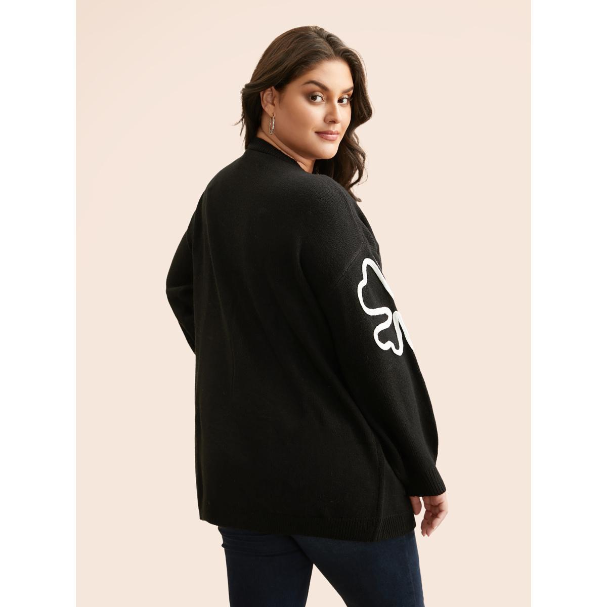 Plus Size Crochet Floral Kimono Collar Pocket Cardigan Black Women Casual Loose Long Sleeve Everyday Cardigans BloomChic 30/6X Product Image