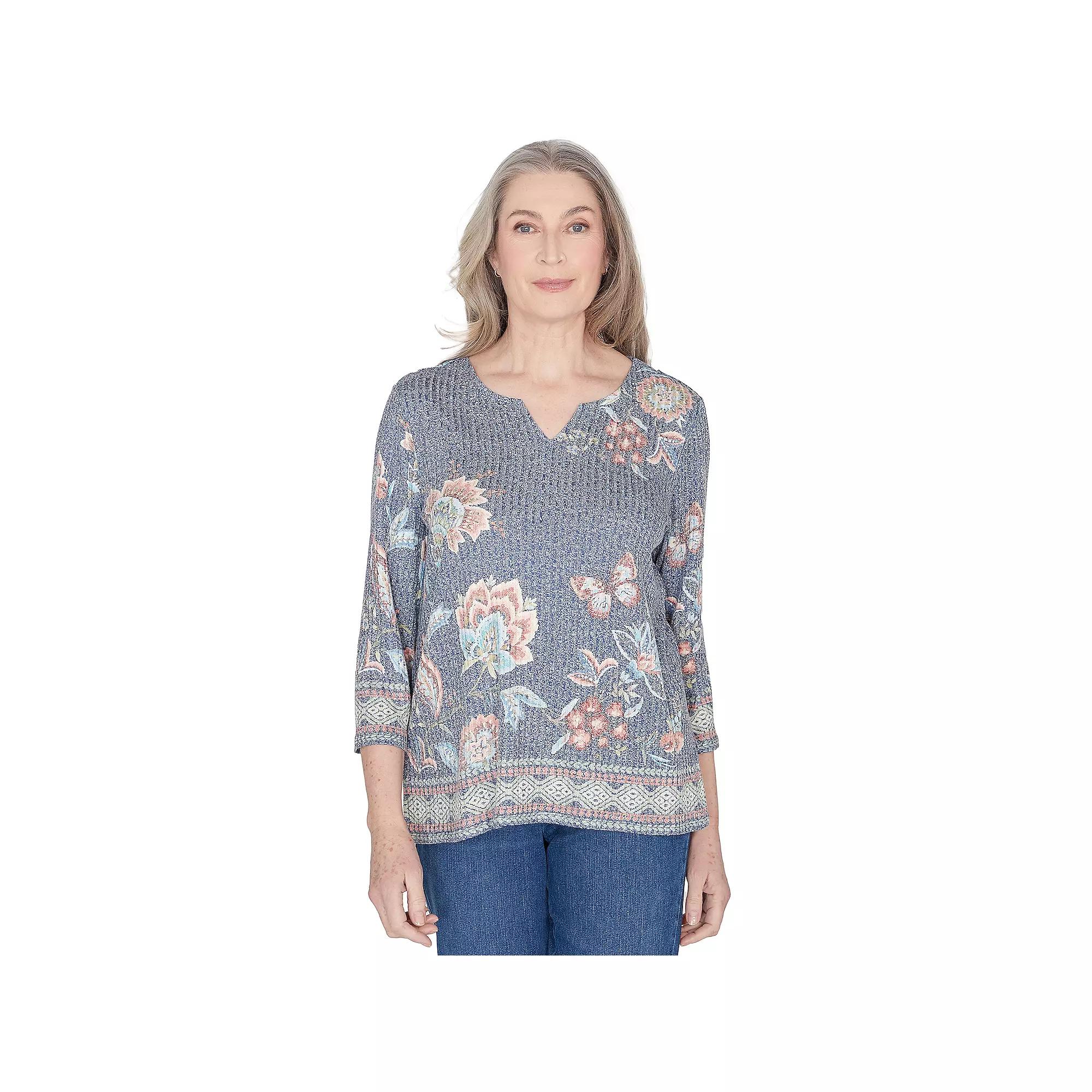 Women's Alfred Dunner Floral Border Split Neck Top, Size: Medium, Blue Team Product Image