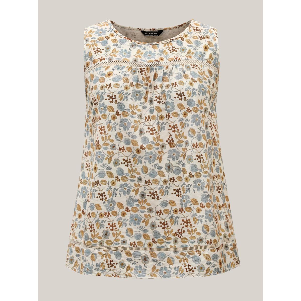 Plus Size Lace Trim Spliced Floral Print Tank Top Women Multicolor Leisure Woven ribbon&lace trim Round Neck Vacation Tank Tops Camis BloomChic 18-20/2X Product Image