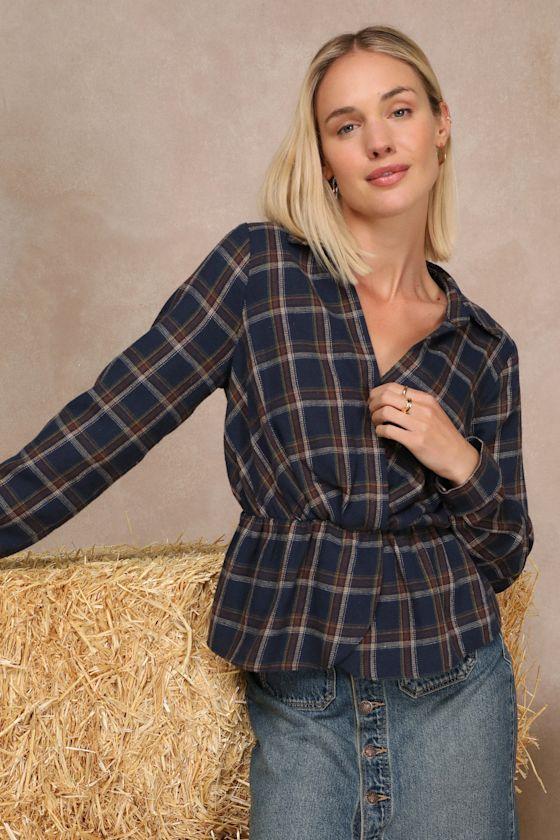 Seasonal Success Navy Blue Plaid Long Sleeve Peplum Top Product Image