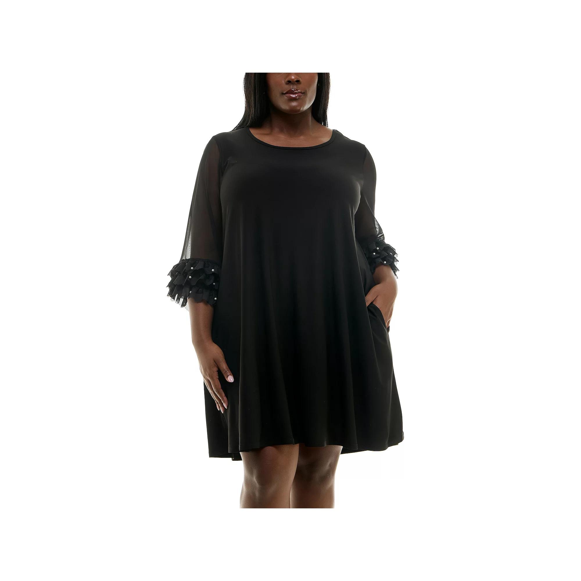 Plus Size Nina Leonard Mesh Ruffle Sleeve Mini Trapeze Dress, Women's, Size: 2XL, Blue Product Image