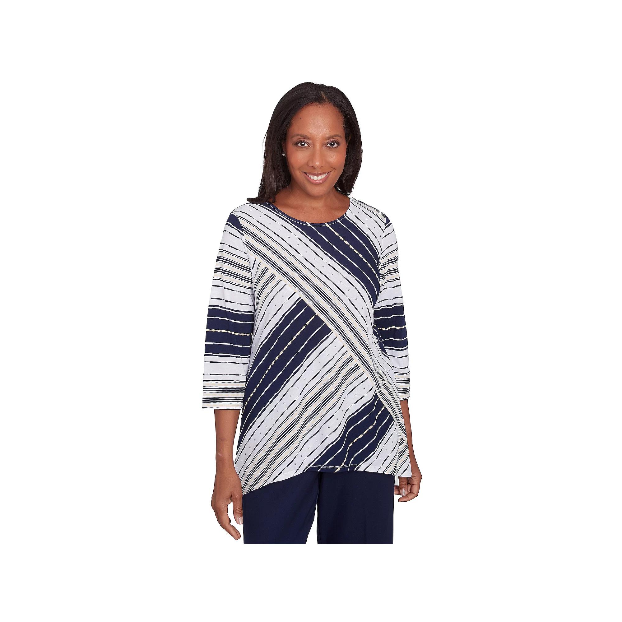 Petite Alfred Dunner Spliced Stripe Crewneck Textured Top, Women's, Size: Small Petite, Blue Team Product Image