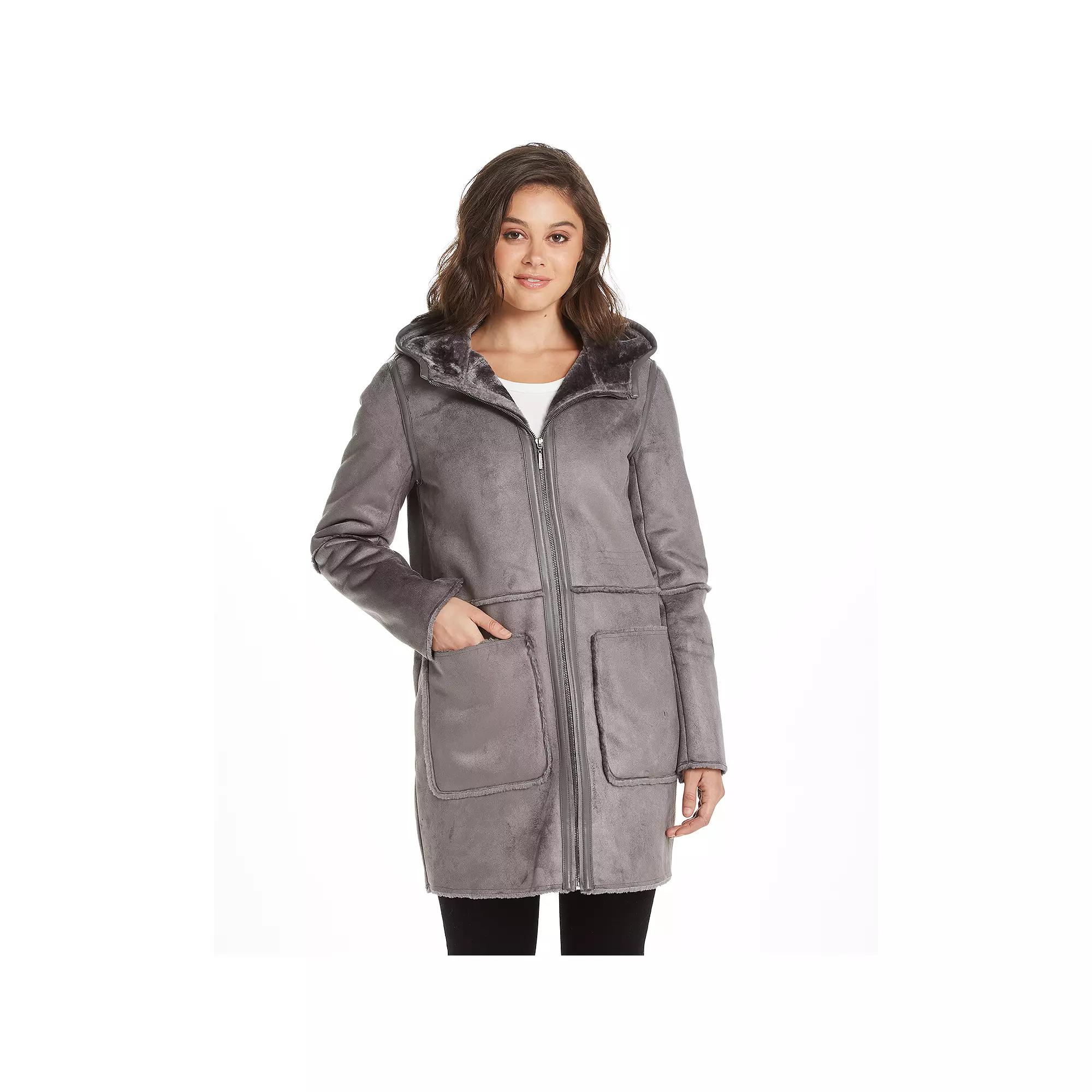 Women's Weathercast Hooded Heavyweight Faux Shearling Walker Jacket, Size: Small, Gray Grey Product Image