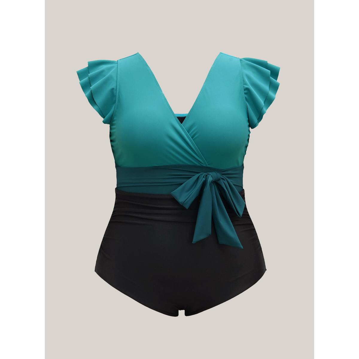 Plus Size Color Block Belted Ruffle Sleeve One-Piece Swimsuit Women's Swimwear Teal Beach Tie knot Curve Bathing Suits High stretch One Pieces BloomChic 28/5X Product Image