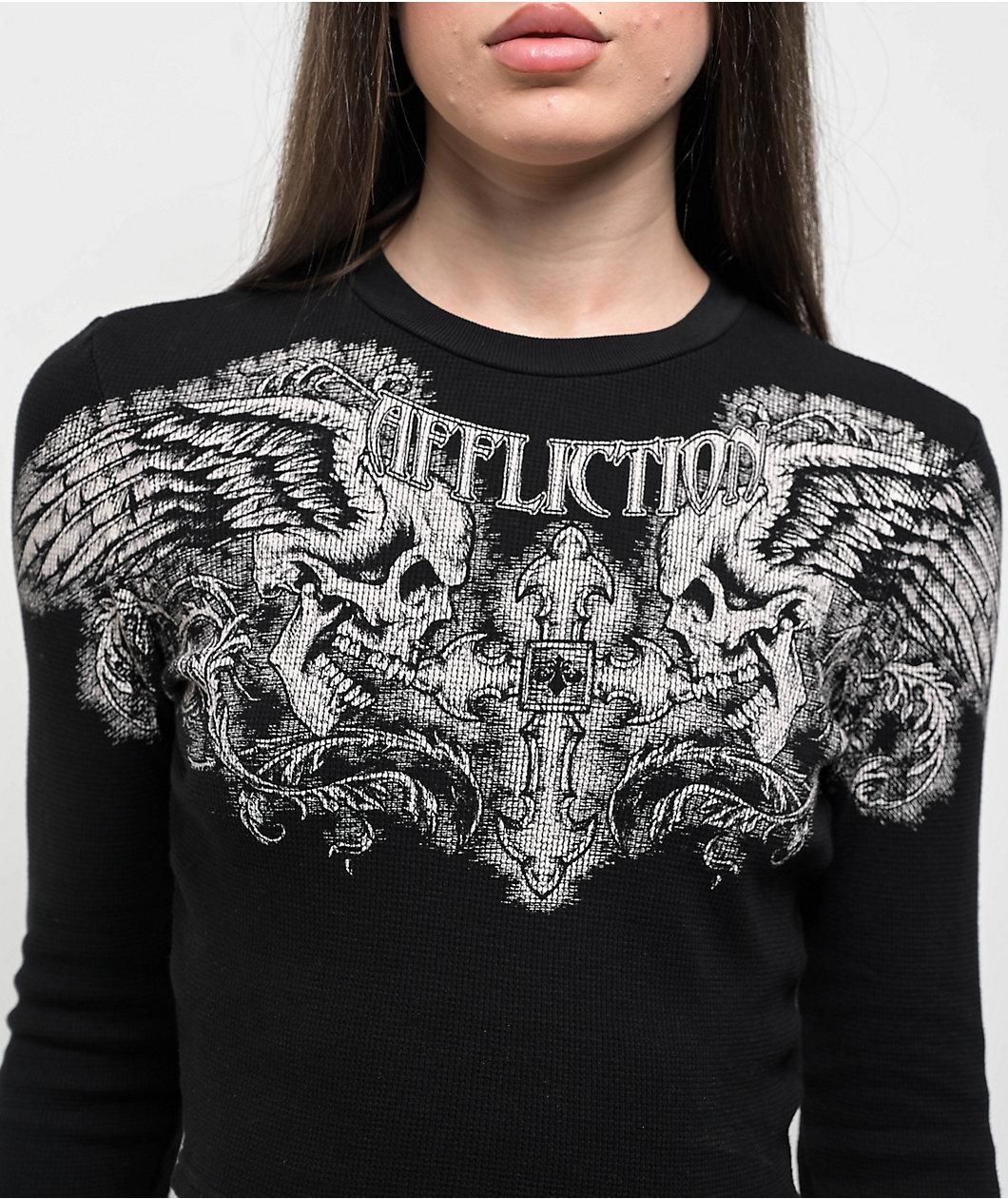 Affliction Winged Up Black Thermal Long Sleeve Crop T-Shirt Product Image