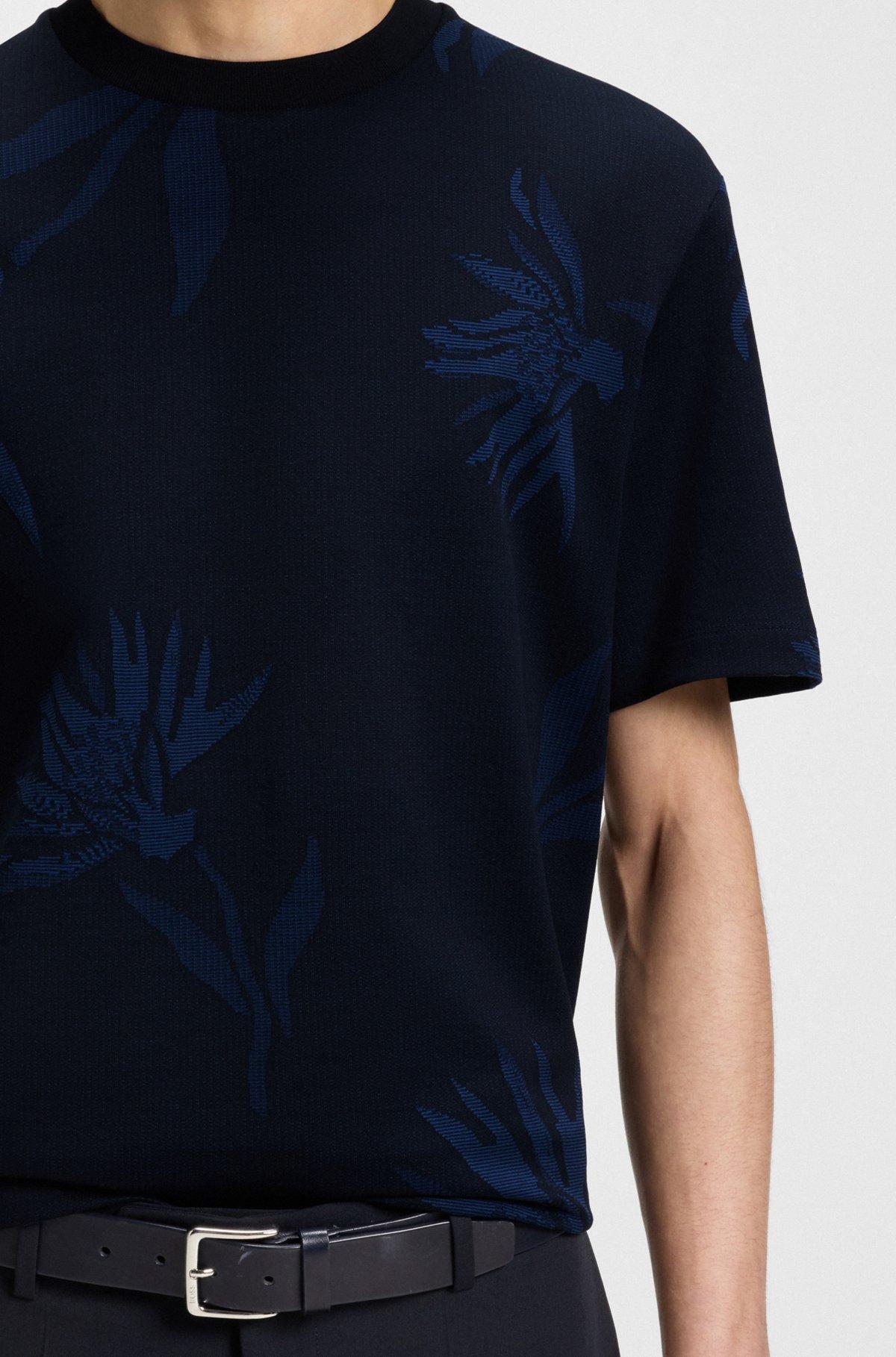BOSS - Mercerized-cotton T-shirt with floral jacquard - Dark Blue Product Image