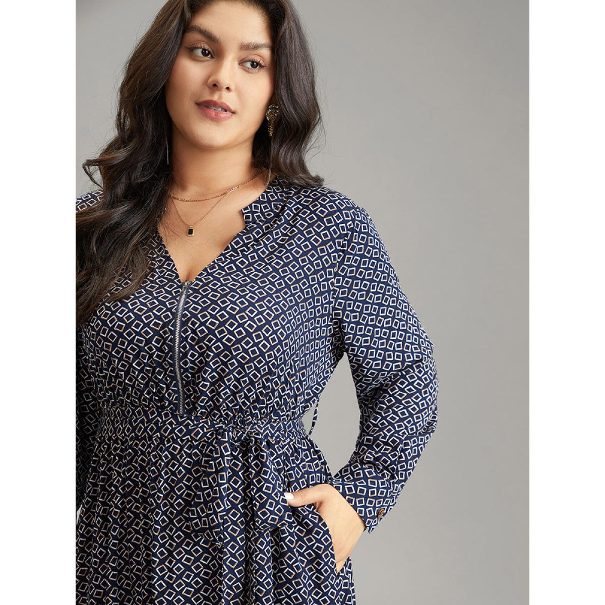Plus Size Geometric Graphic Notched Zipper Bowknot Dress DarkBlue Women At the Office Belted Notched collar Long Sleeve Curvy Midi Dress BloomChic 30/6X Product Image