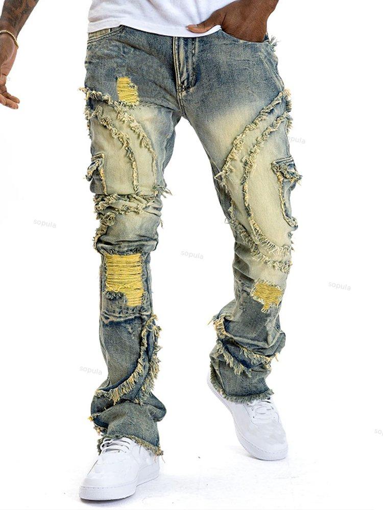 Men's Ripped Flared Fringe Stretch Jeans Product Image