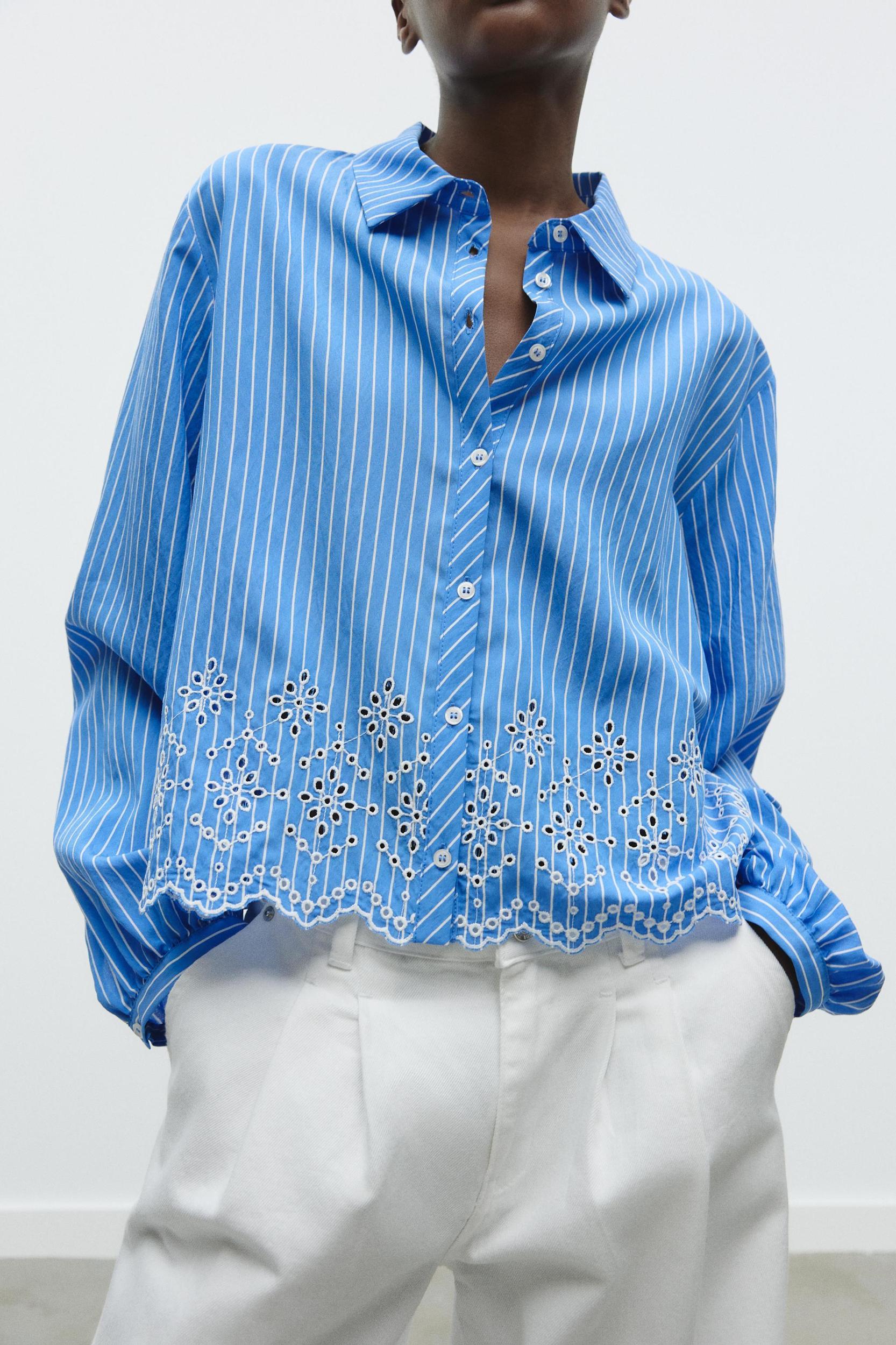 STRIPED EMBROIDERED EYELET SHIRT Product Image