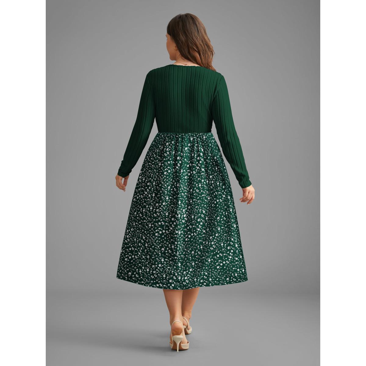 Plus Size Ditsy Floral Patchwork Texture Midi Dress Indigo Women Elegant Texture V-neck Long Sleeve Curvy BloomChic 22-24/3X Product Image