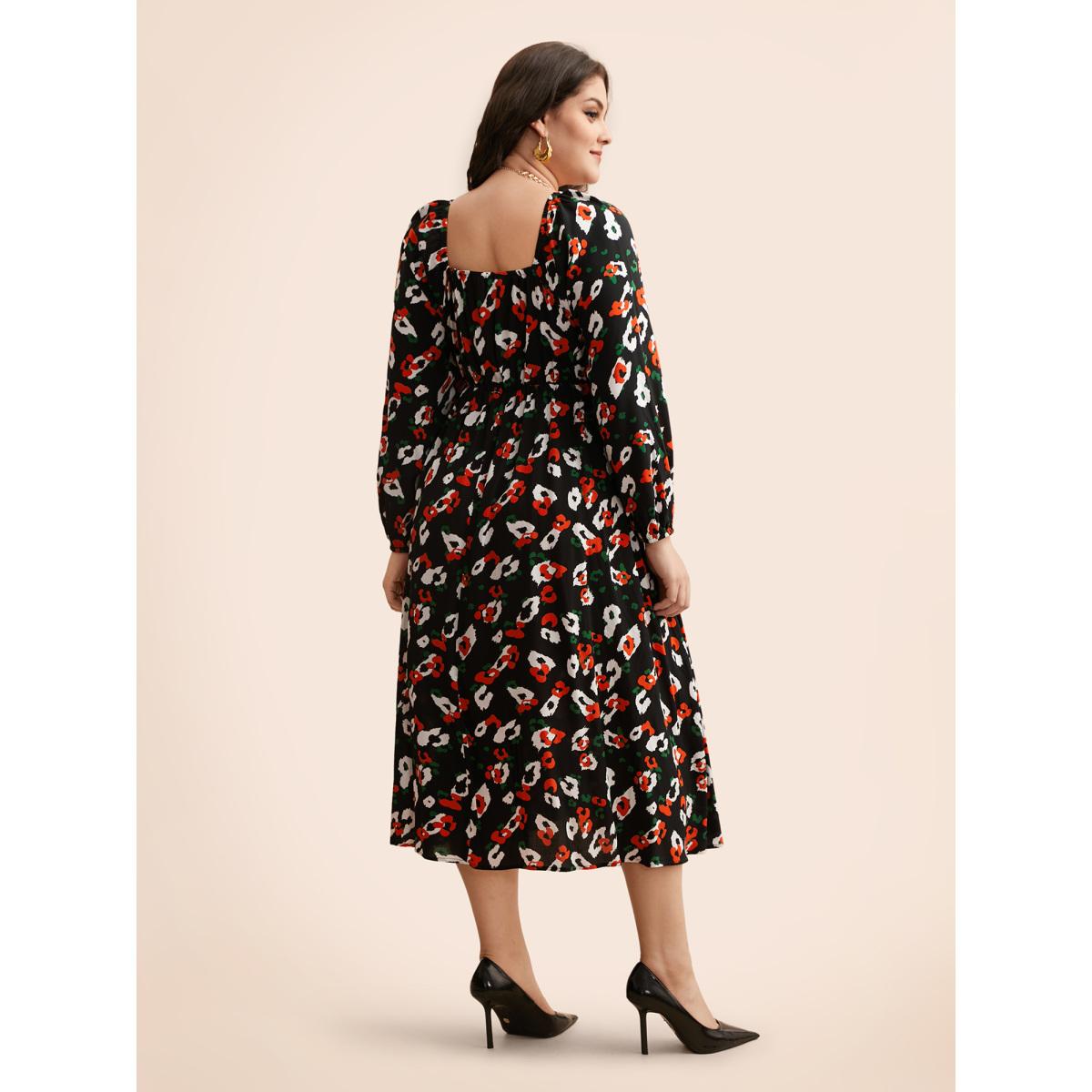 Plus Size Square Neck Animal Print Keyhole Dress Black Women Elegant Gathered Square Neck Long Sleeve Curvy BloomChic 26/4X Product Image