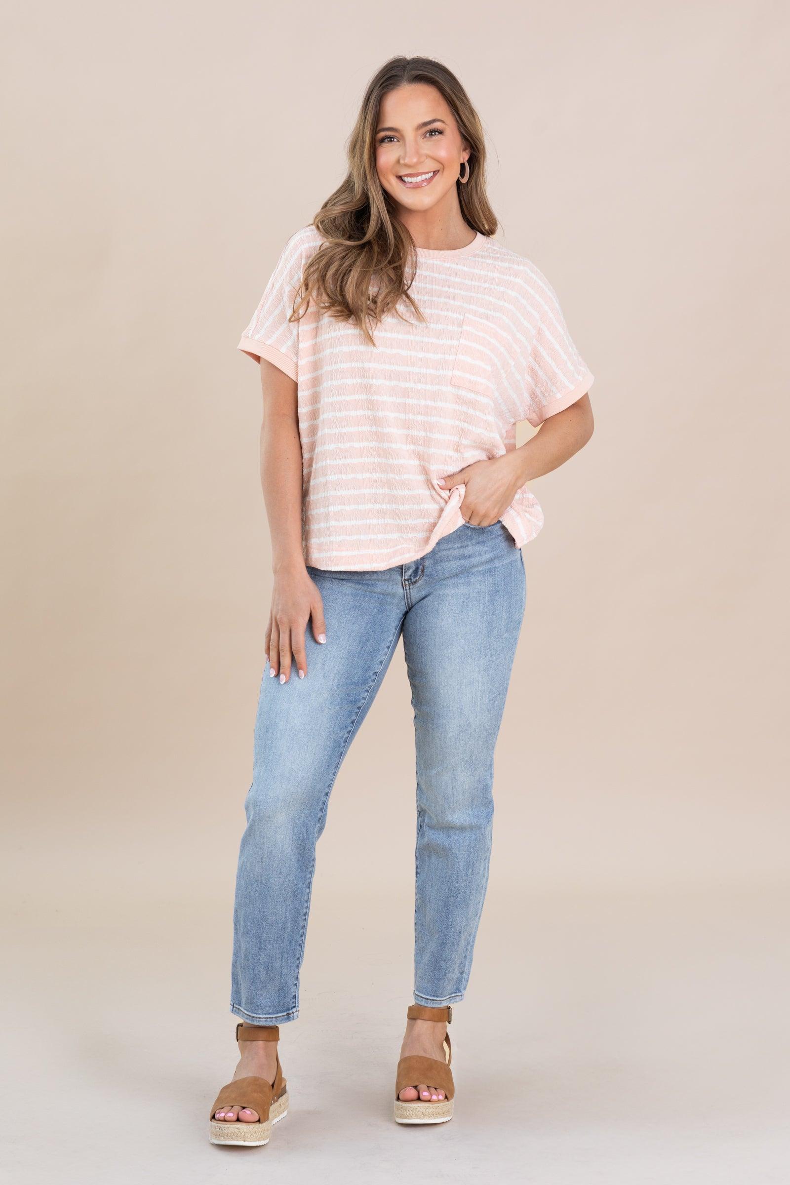Peach Textured Stripe Knit Top Product Image