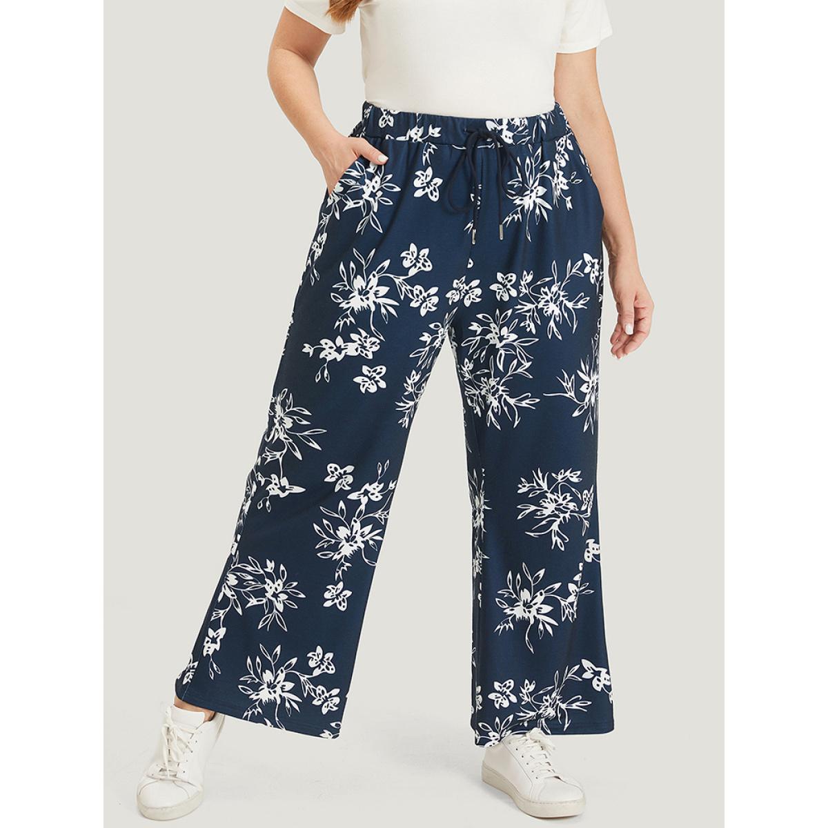 Silhouette Floral Print Drawstring Pocket Sweatpants Indigo Plus Size Women Casual Everyday Elastic Waist 26/4X Bloomchic Product Image