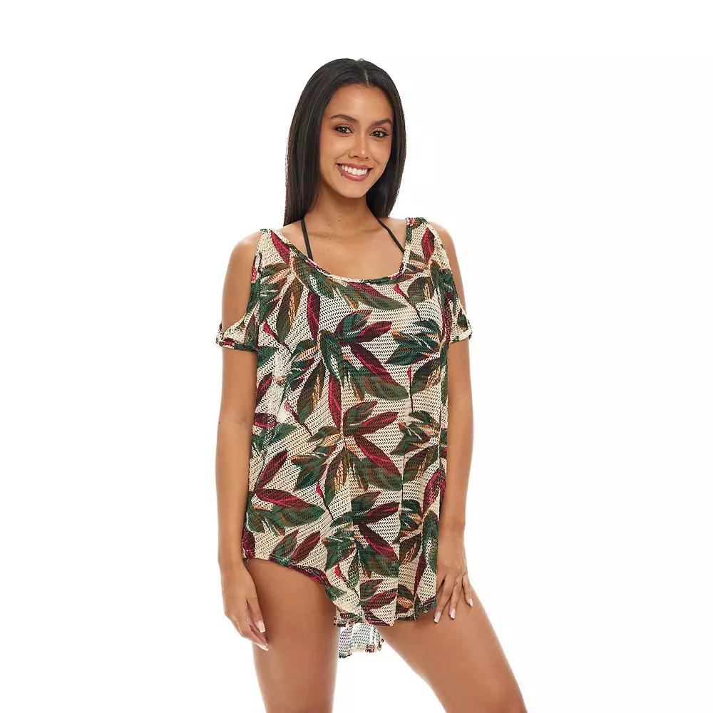 Women's Jordan Taylor Printed Cold Shoulder Tunic Swim Cover-Up, Size: Medium, Beige Product Image