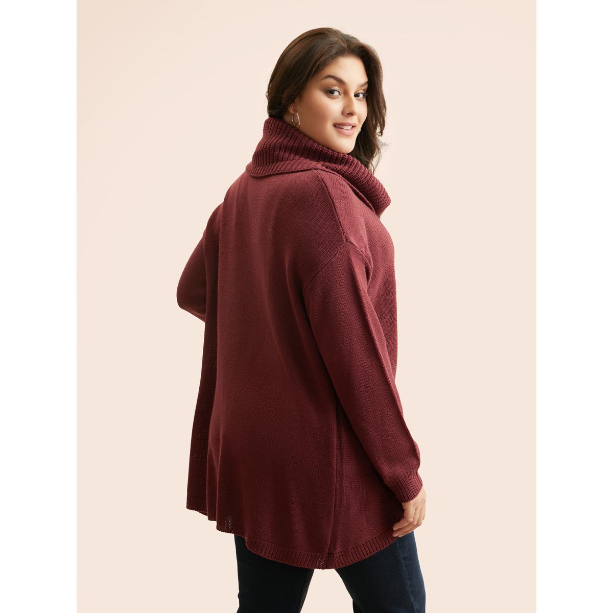 Plus Size Texture Turtleneck Slit Front Pullover Deepred Women Casual Long Sleeve Turtleneck Everyday Pullovers BloomChic 10/M Product Image