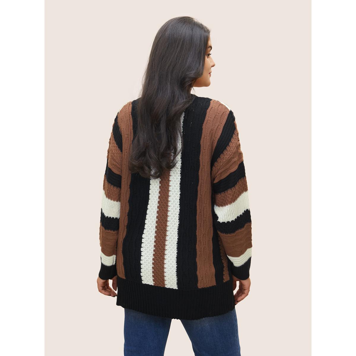Plus Size Contrast Colorblock Wrap Deep V Neck Pullover DarkBrown Women Casual Long Sleeve Deep V-neck Everyday Pullovers BloomChic 22-24/3X Product Image
