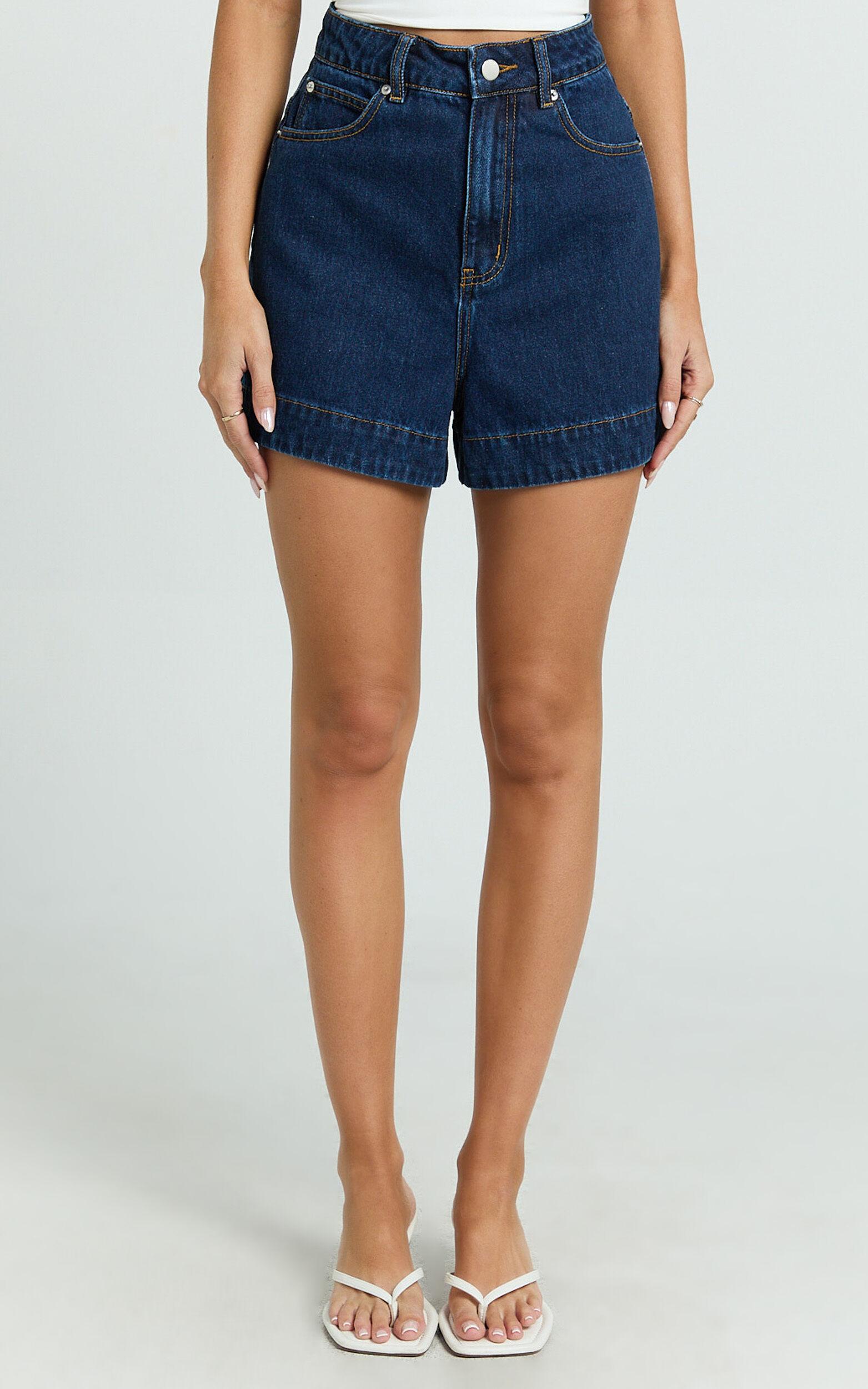 Rhianna Shorts - Mid Waist Recycled Denim Shorts in Indigo Wash Product Image