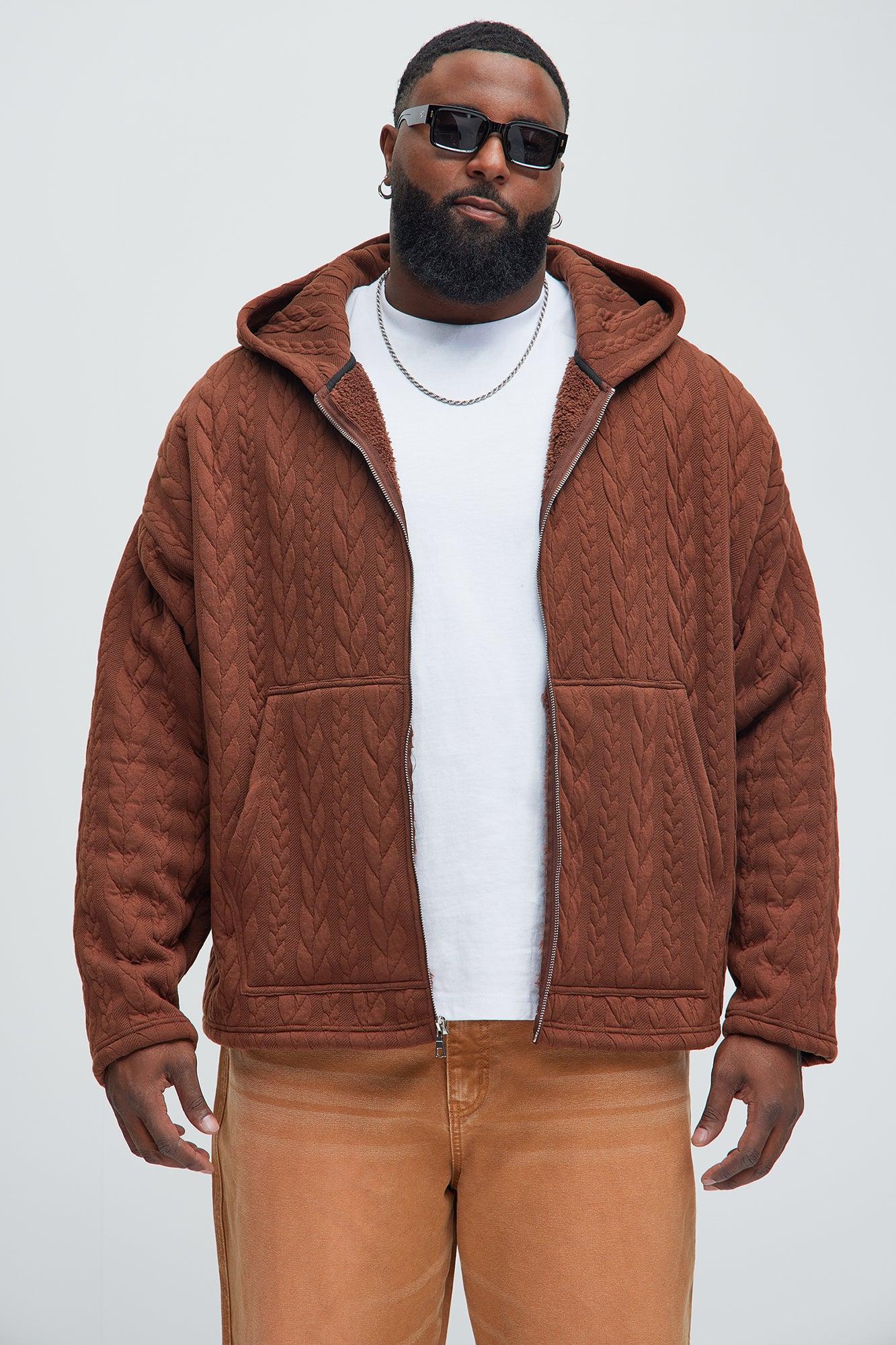 Lane Cable Knit Zip Up Hoodie - Brown Product Image