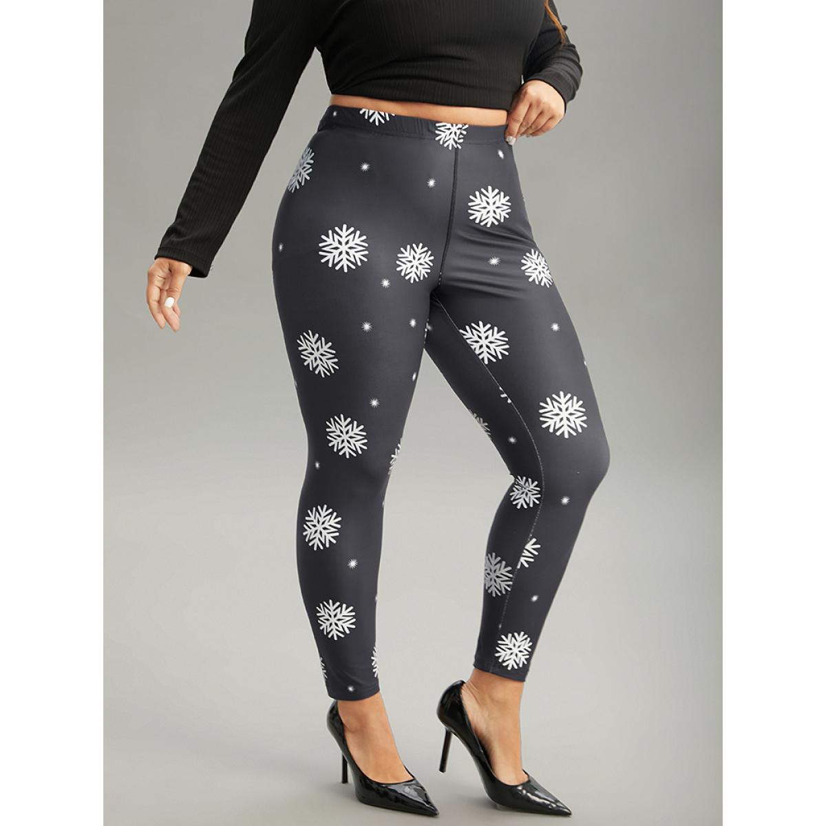 Plus Size Christmas Snowflake Elastic Waist Skinny Leggings Women Black Glamour High stretch Skinny High Rise Festival-Christmas Leggings BloomChic 28/5X Product Image