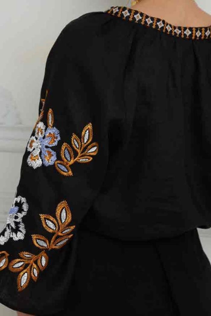 Boho Floral Embroidered V Neck Blouse Product Image