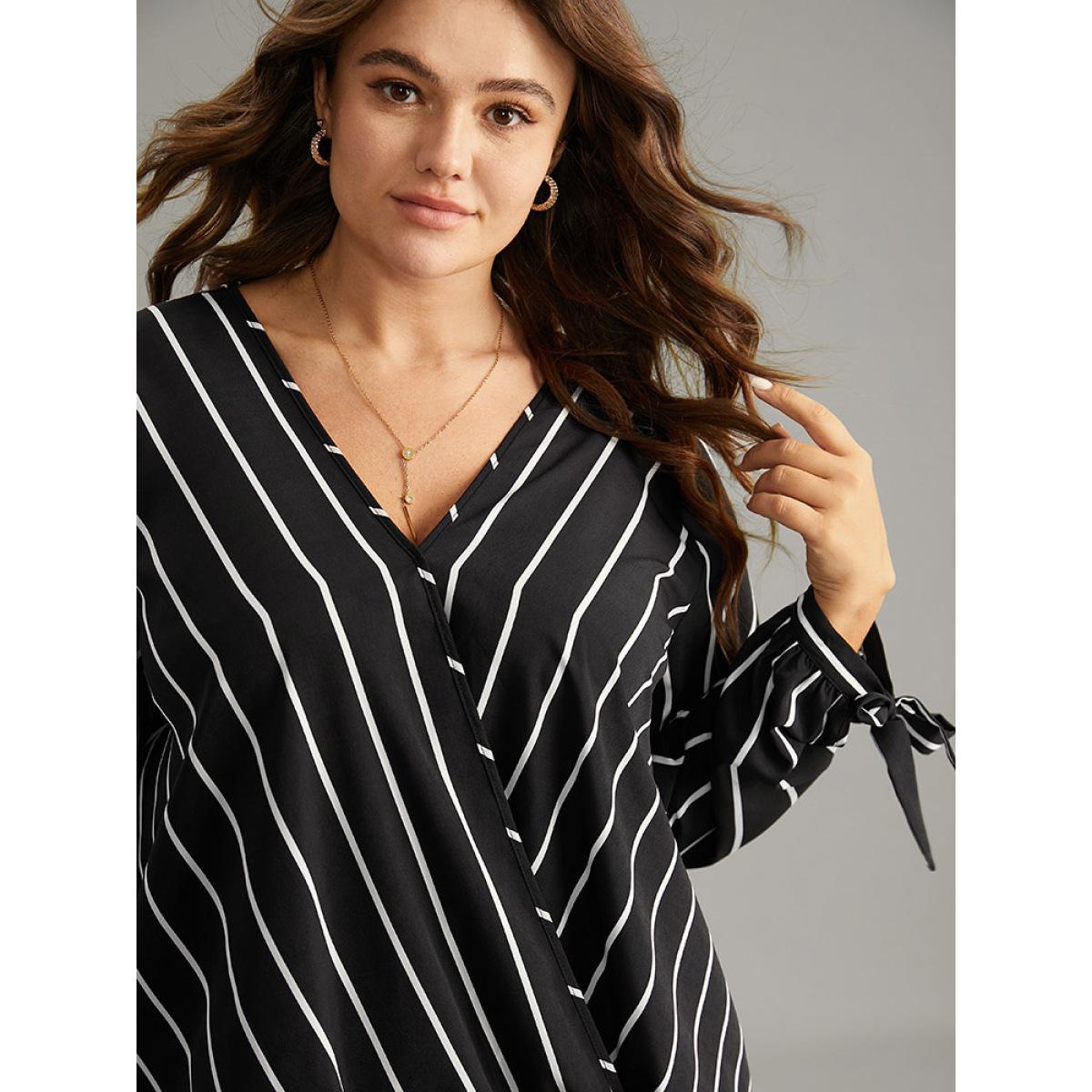 Plus Size Black Striped Bowknot Cuffs Surplice Neck Blouse Women Office Long Sleeve Overlap Collar Office Blouses BloomChic 14-16/1X Product Image