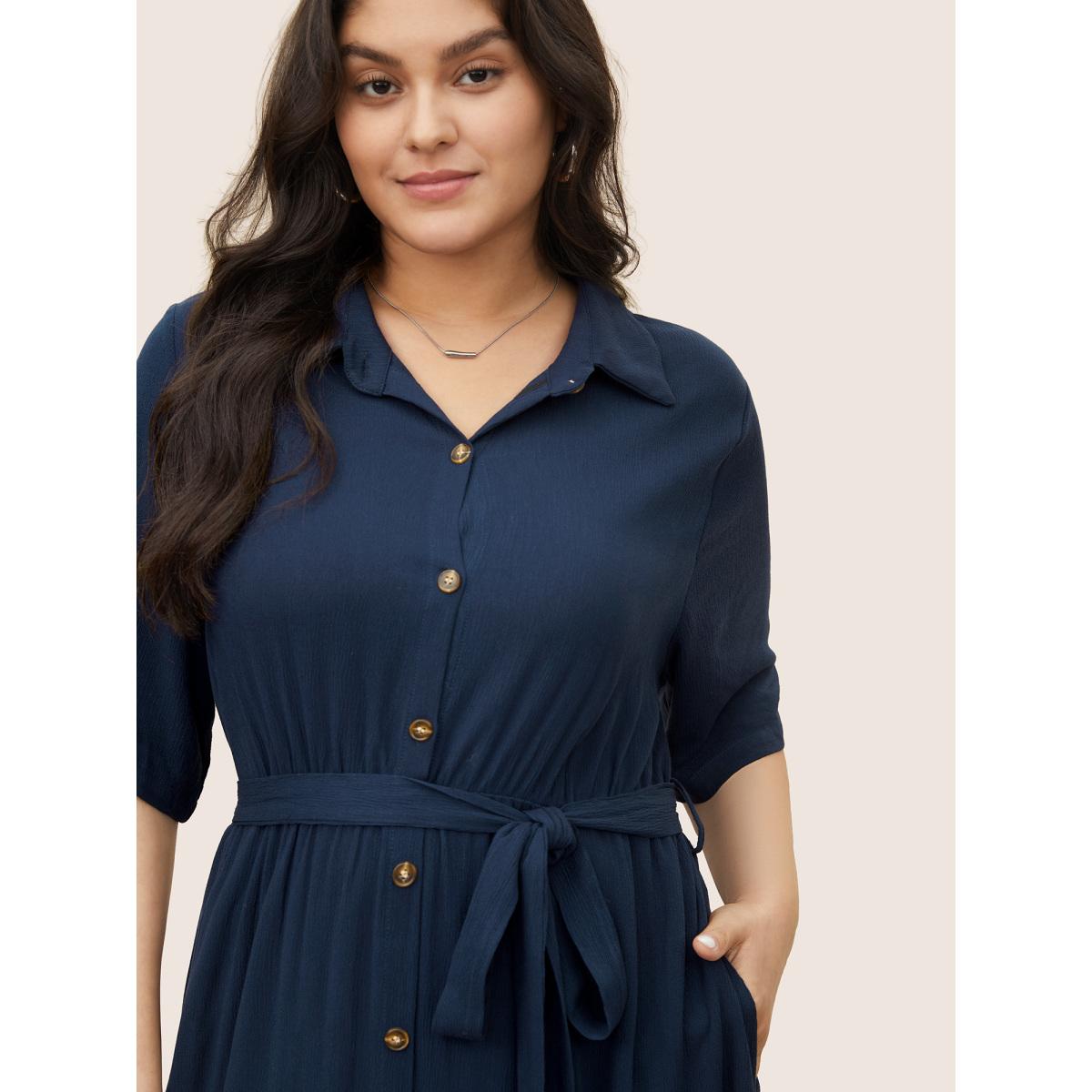 Belted Shirt Collar Button Plus Size Shirtdress Women Workleisure Plain Sleeve Short Sleeve Shirt Collar Pocket Workwear Long Dress BloomChic Product Image