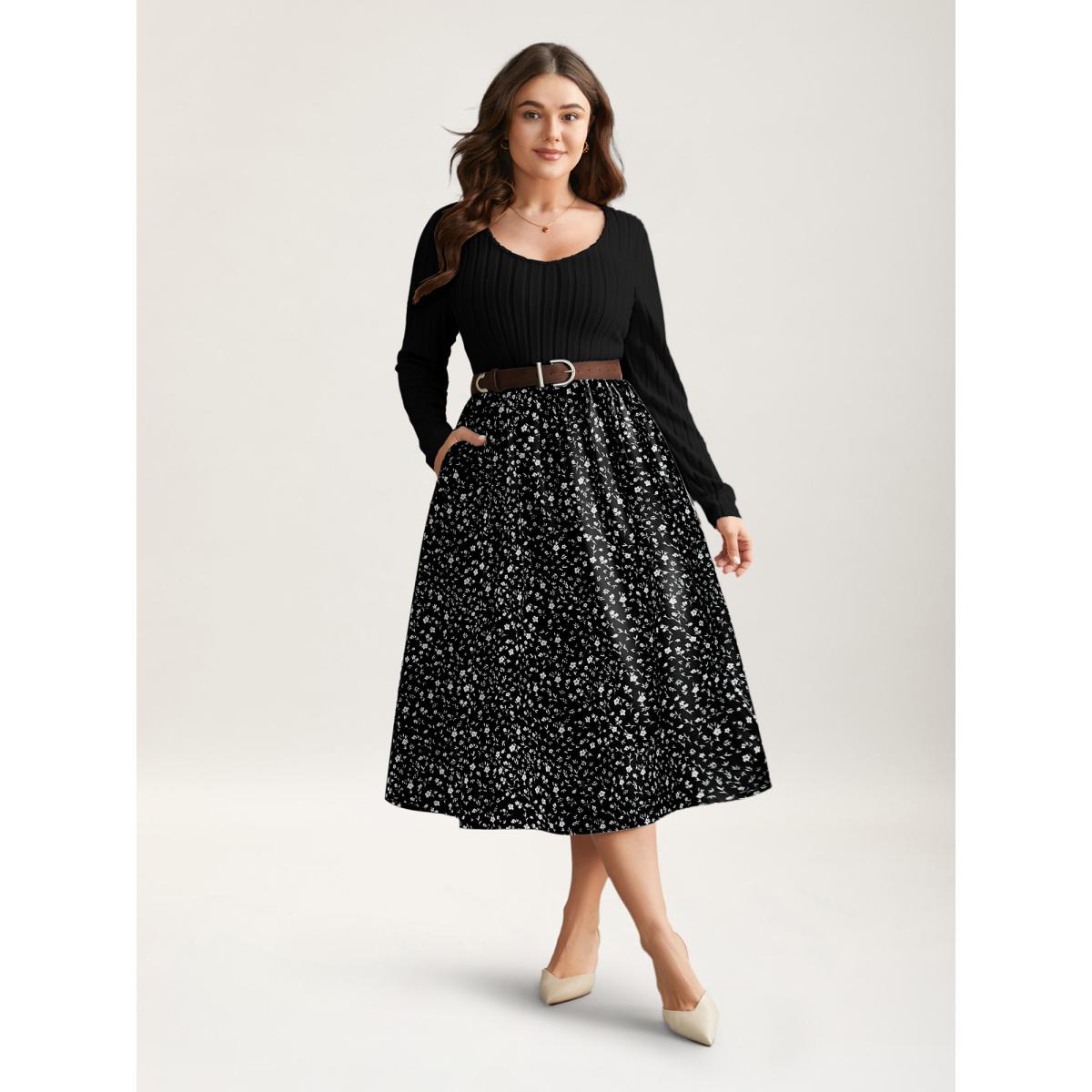 Plus Size Ditsy Floral Patchwork Texture Midi Dress Black Women Elegant Texture V-neck Long Sleeve Curvy BloomChic 12/L Product Image