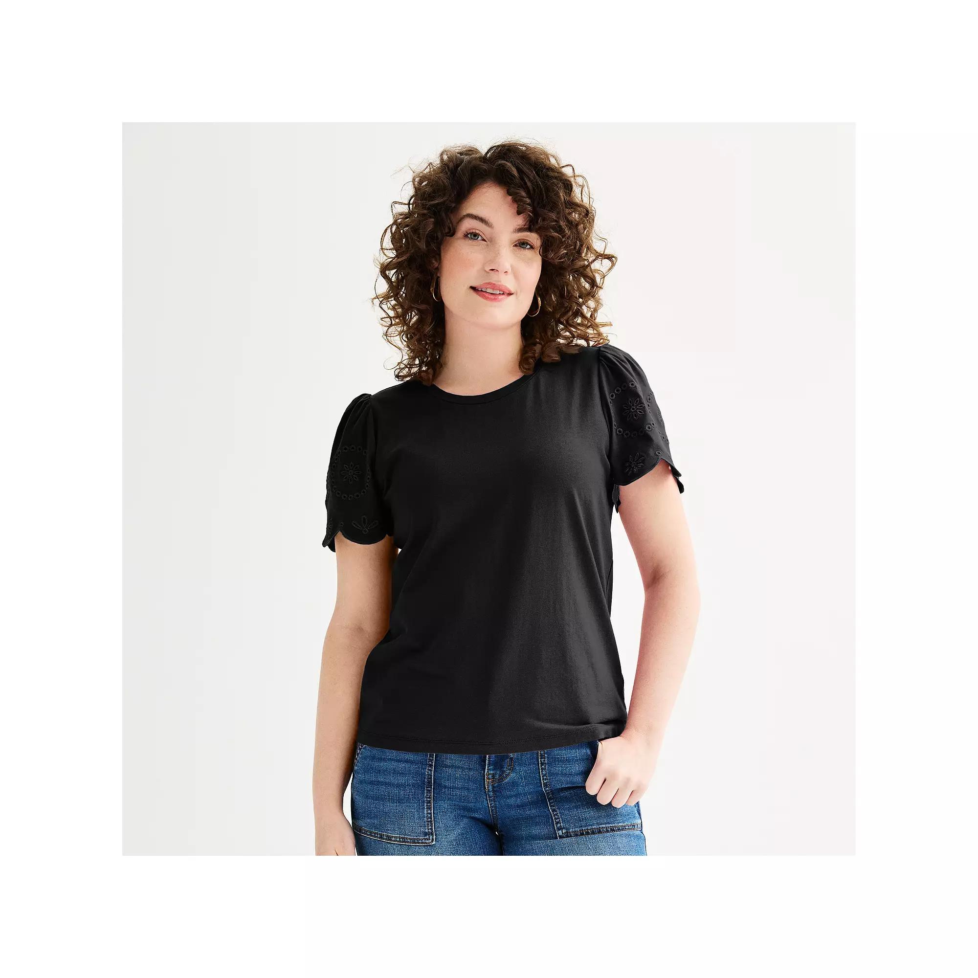 Women's Draper James Embroidered Sleeve Knit Top, Size: Large, Black Product Image