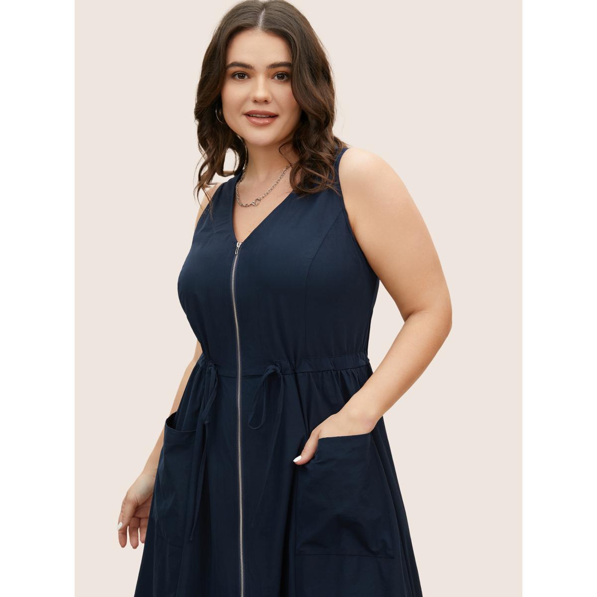 Plus Size Solid Zip Front Patch Pocket Sleevless Dress DarkBlue Women Casual Drawstring V-neck Sleeveless Curvy BloomChic 28/5X Product Image
