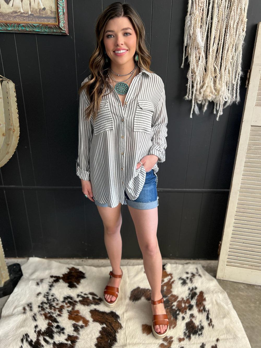 Striped Collared Lightweight Button Down Shirt Product Image