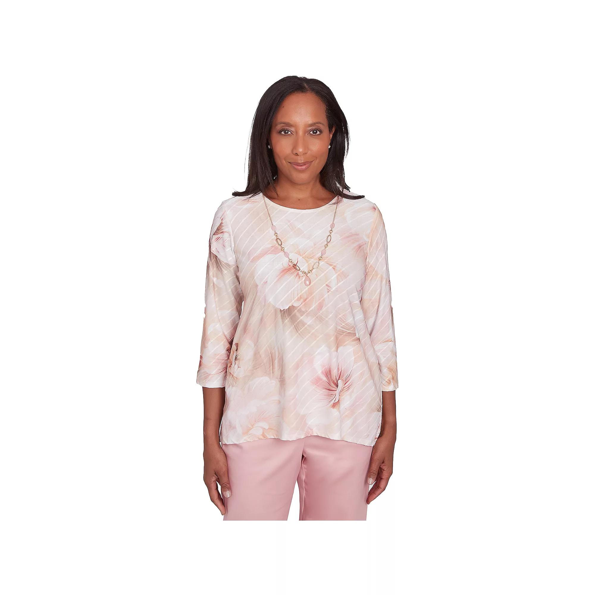 Women's Alfred Dunner Textured Watercolor Flower Top with Necklace,  Product Image