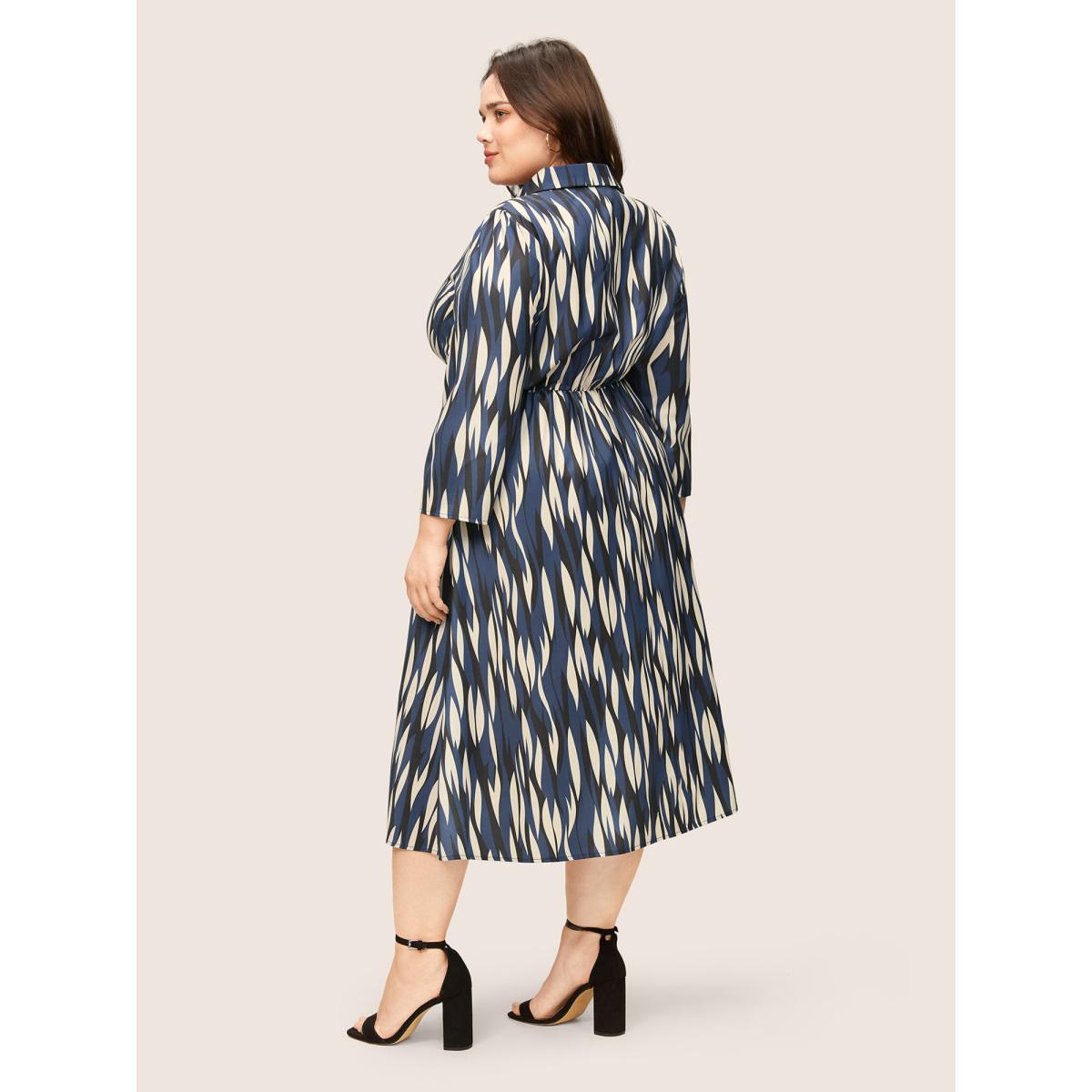 Plus Size Geo Colorblock Twist Front Shirt Collar Dress Indigo Women At the Office Non Shirt collar Elbow-length sleeve Curvy Midi Dress BloomChic 18-20/2X Product Image