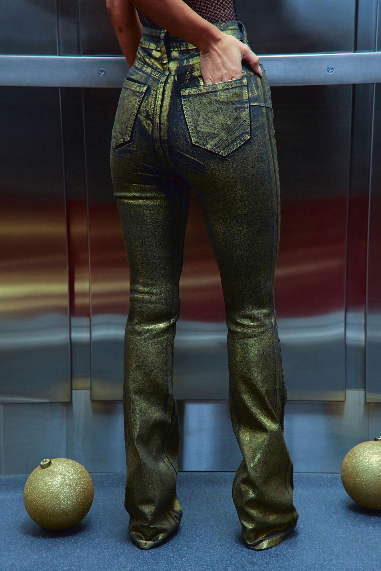So Golden Foil Print Stretch Bootcut Jeans - Black/Gold Product Image