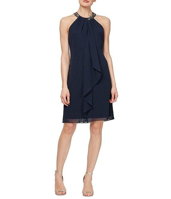 Ignite Evenings Petite Size Beaded Halter Neck Sleeveless Cascade Front Ruffle Chiffon Dress Product Image